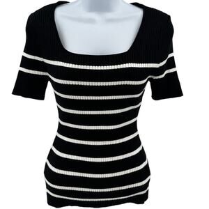 Zesica Shirt WMNS L Black White Striped Pullover Short Sleeve Ribbed Square Neck